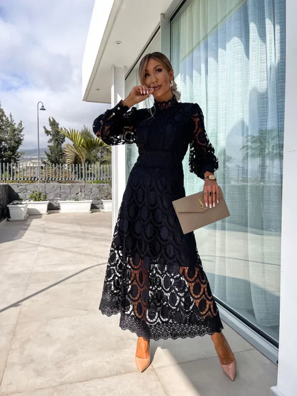 Elaina | Elegant Midi Dress with Delicate Lace Accents