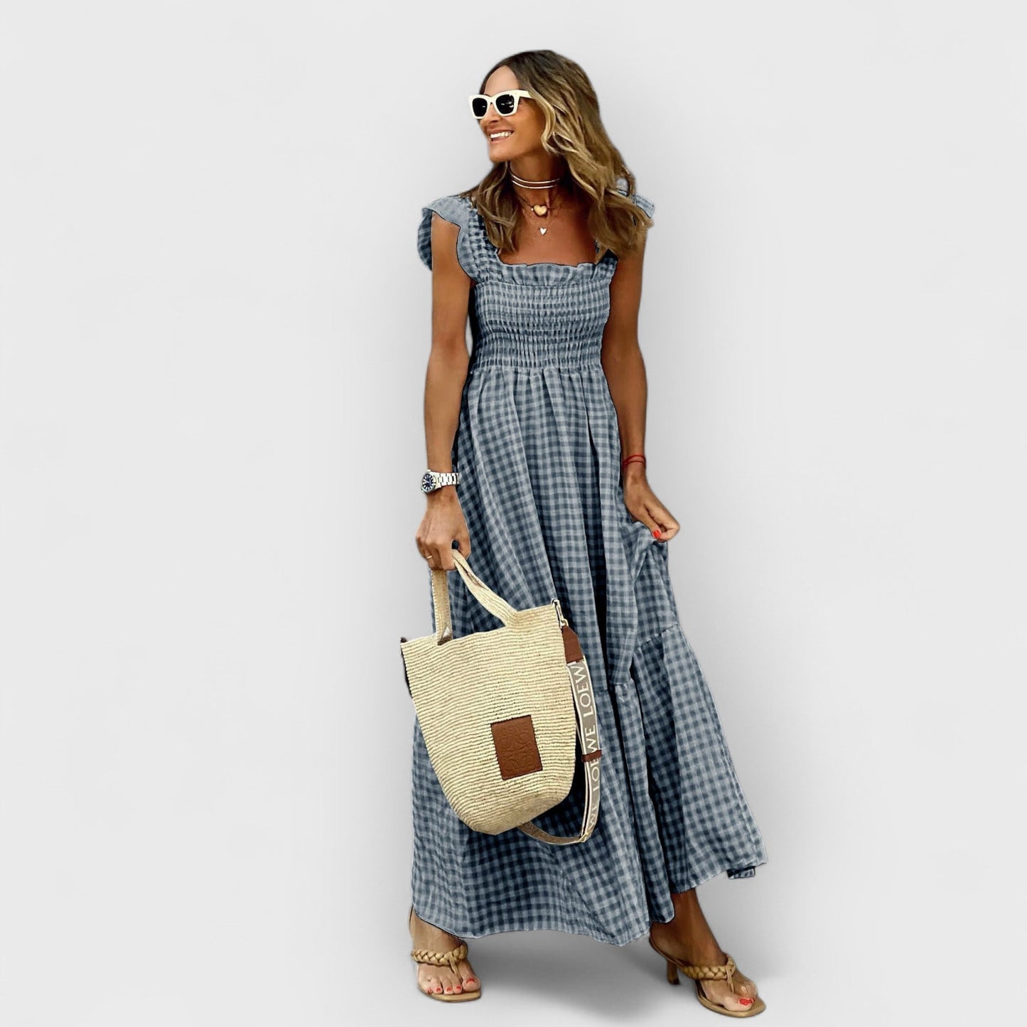 Belle | Plaid Ruffle-Sleeve Smocked Maxi Dress