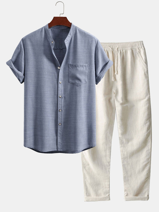 Linen Set with Short Sleeve Mandarin Collar Shirt & Straight-Leg Trousers