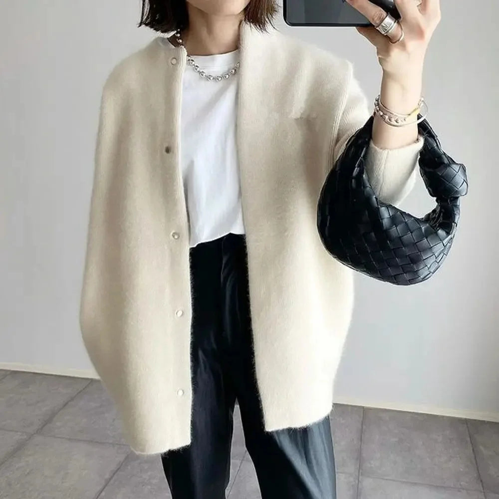 Ultrazachte gebreide bovenkleding dames losse pasvorm wollen jas herfst nieuw ontwerp afslanksensatie kleine nichestijl jas