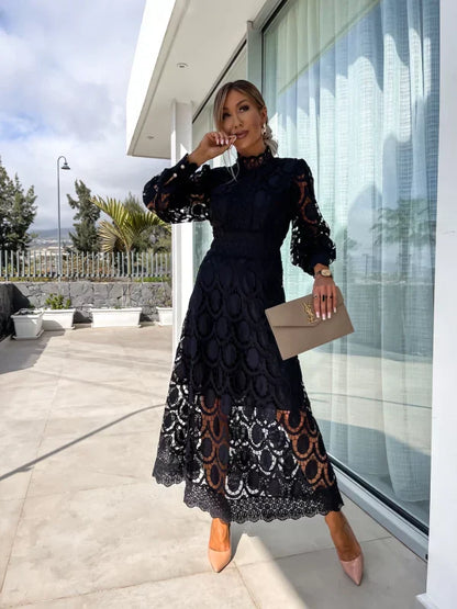 Elaina | Elegant Midi Dress with Delicate Lace Accents