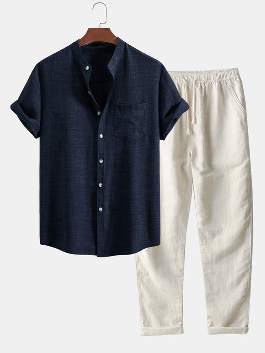 Linen Set with Short Sleeve Mandarin Collar Shirt & Straight-Leg Trousers