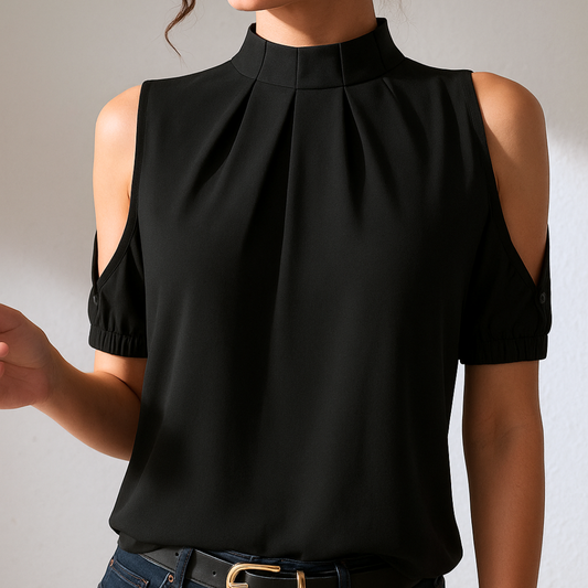 Inge | Black Pleated Blouse with Split Sleeves