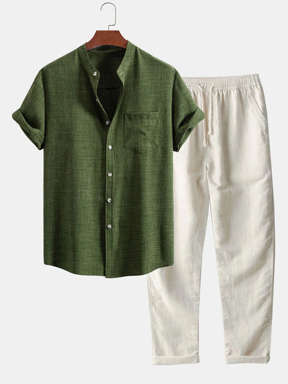 Linen Set with Short Sleeve Mandarin Collar Shirt & Straight-Leg Trousers