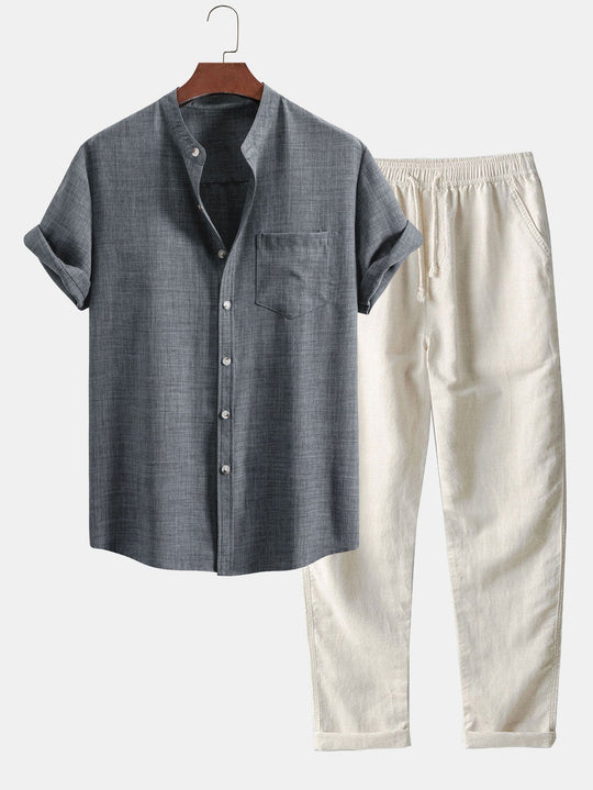 Linen Set with Short Sleeve Mandarin Collar Shirt & Straight-Leg Trousers