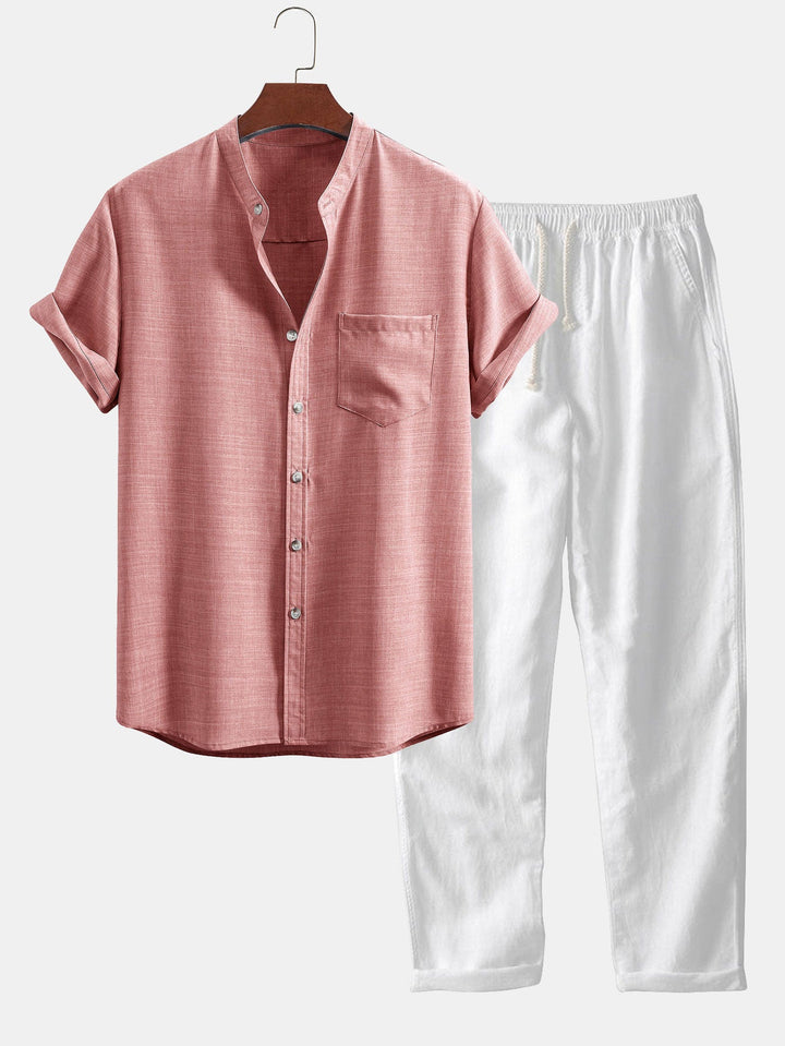 Linen Set with Short Sleeve Mandarin Collar Shirt & Straight-Leg Trousers