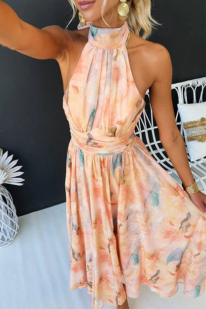 Halter Neck Maxi Dress in Dreamy Watercolor Print