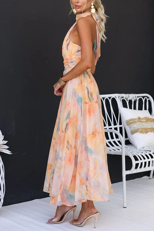 Halter Neck Maxi Dress in Dreamy Watercolor Print
