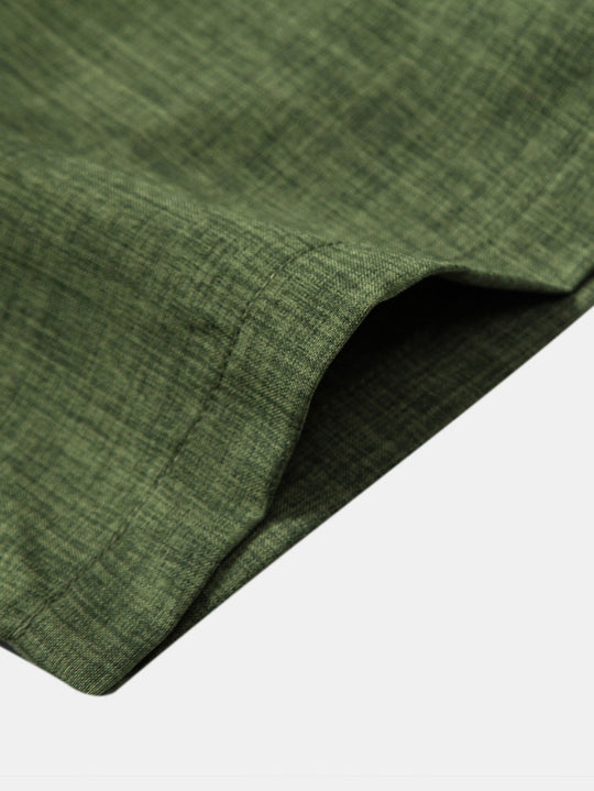Linen Set with Short Sleeve Mandarin Collar Shirt & Straight-Leg Trousers