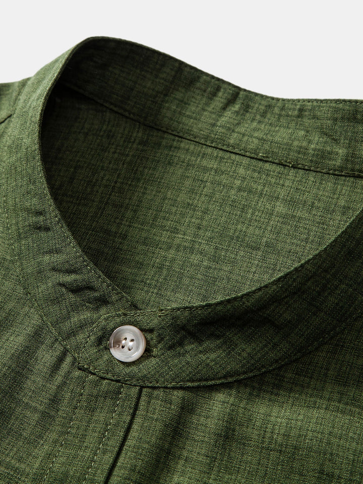 Linen Set with Short Sleeve Mandarin Collar Shirt & Straight-Leg Trousers