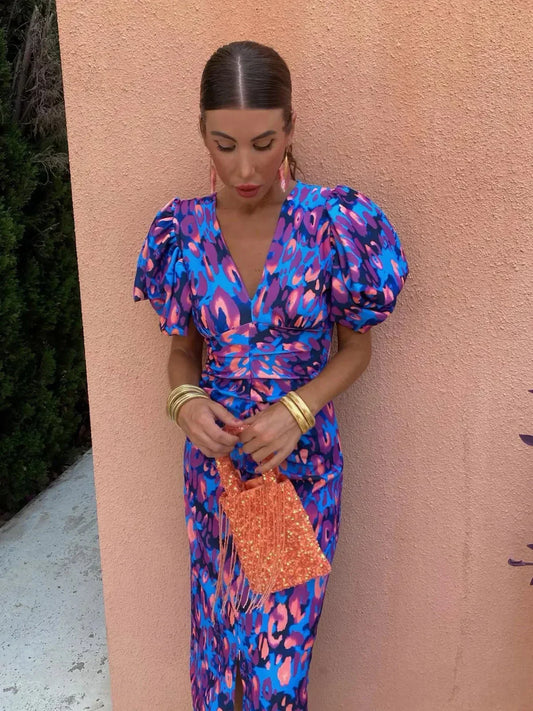 Arielle | Colorful Midi Dress with Pleated Sleeves